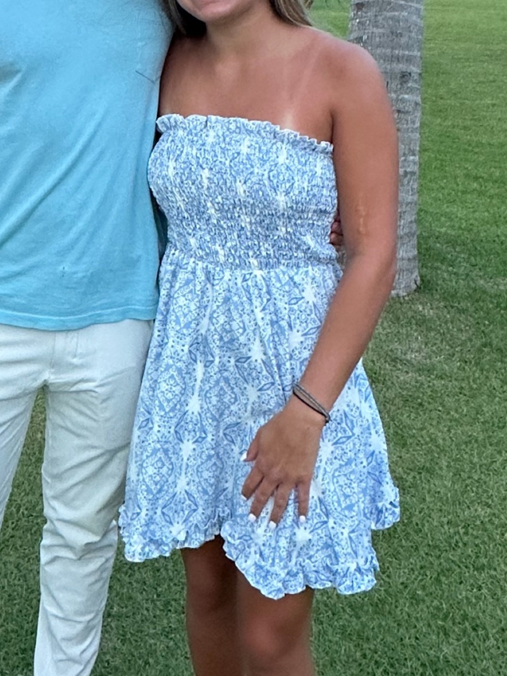 Light Blue Printed Strapless Summer Dress -